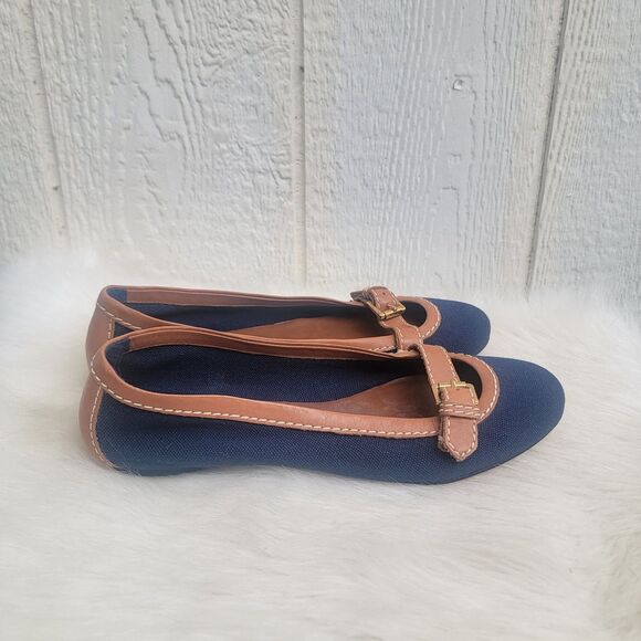 Talbots Ballet Flats Navy/Brown Canvas Leather Buckle Flats Women's Size 8B - Picture 5 of 7